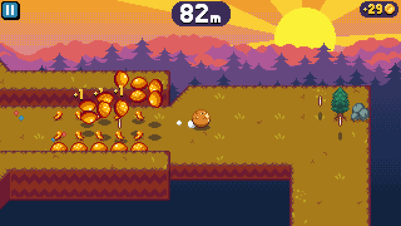 A screenshot of Tumble Rush with a cat ball rolling through some mushrooms